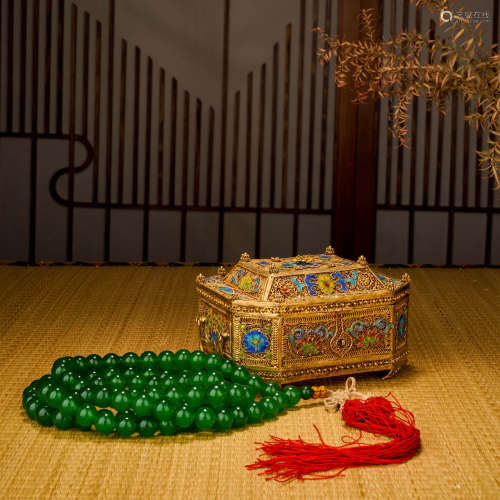 清  銅鎏金掐絲點翠珠寶盒 珠寶念珠