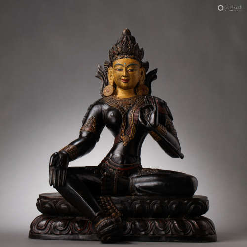SEATED STATUE OF THE BLACK-STONE MUD GOLD BUDDHA, MING DYNAS...