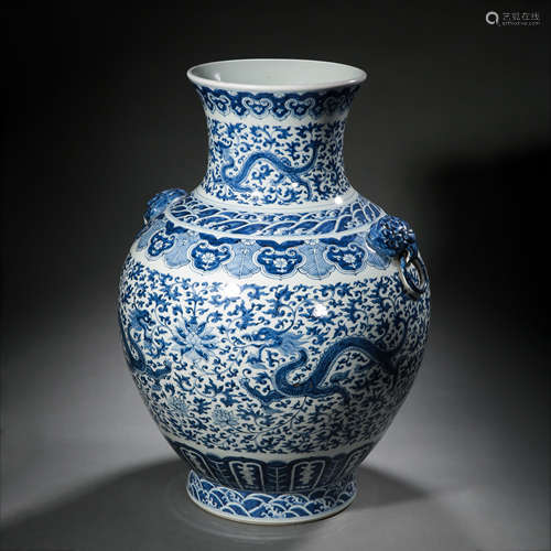 CHINESE QING DYNASTY BLUE AND WHITE DRAGON PATTERN LARGE VAS...