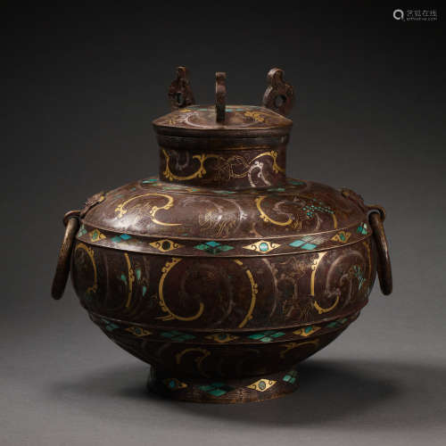 BRONZE AMPHORA INALID WITH GOLD, WARRING STATES PERIOD OR HA...