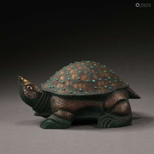 BRONZE INLAID TURQUOISE TURTLE, WARRING STATES PERIOD OR HAN...