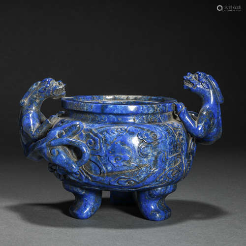 Qing Dynasty lapis lazuli double animal ear incense burner