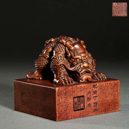 Qing Dynasty wood carving auspicious animal button seal