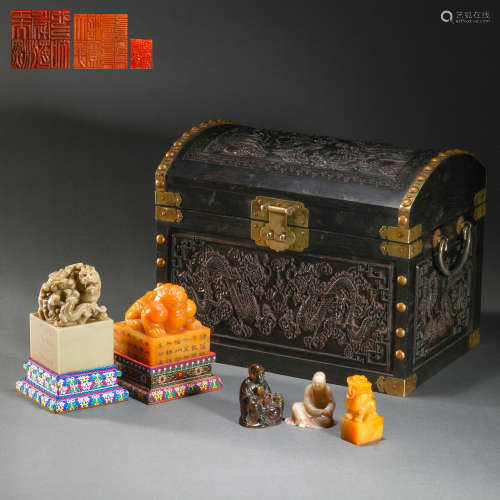 Qing Dynasty red sandalwood dragon pattern inlaid yellowston...