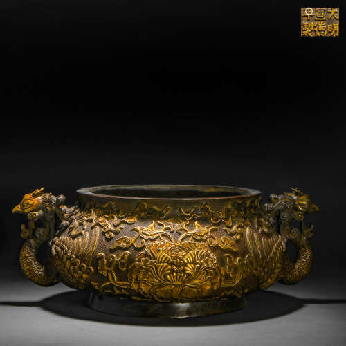 Ming Dynasty gilt bronze phoenix incense burner