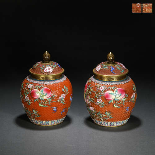 Pair of Qing Dynasty enamel jars with longevity peach patter...