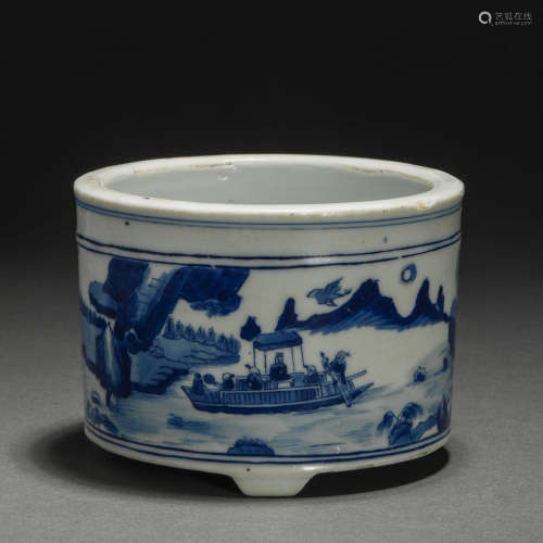 Qing Dynasty blue-and-white character rafting landscape pen ...