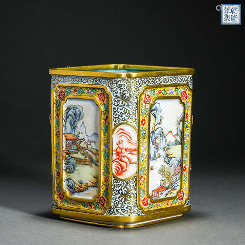 Qing Dynasty Bronze Enamel Landscape Pen Holder