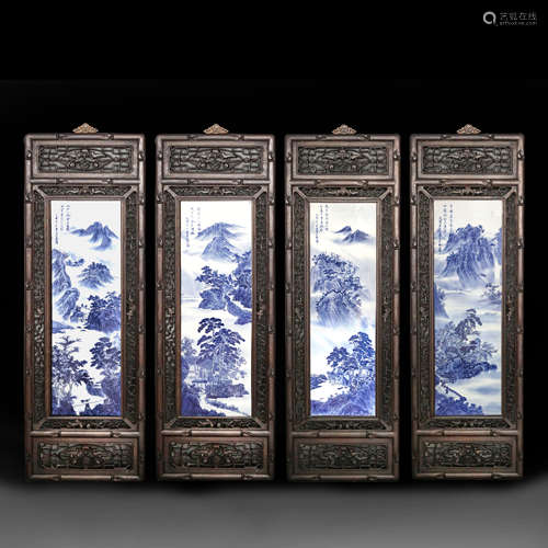 Qing Dynasty red sandalwood inlaid blue and white landscape ...