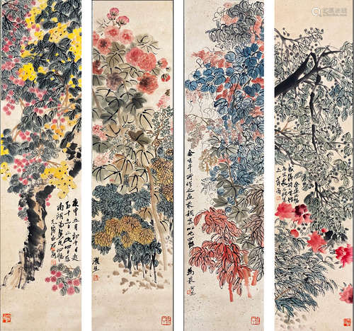 Qi Baishi Flower Four-Screen Vertical Scroll