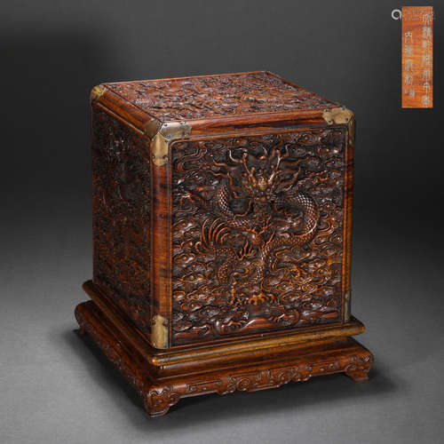 Qing Dynasty wood carving dragon seal box