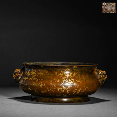 Ming Dynasty bronze and gold double ear incense burner