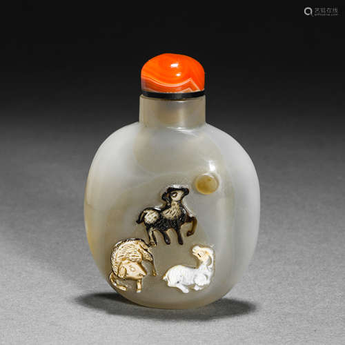 Qing Dynasty agate plastic animal snuff bottle