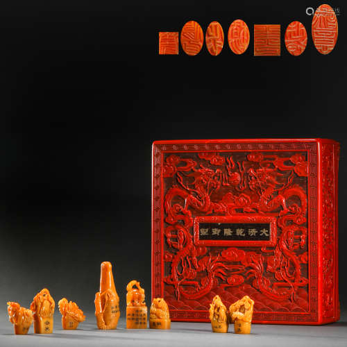 Qing Dynasty lacquer ware dragon pattern box inlaid field ye...