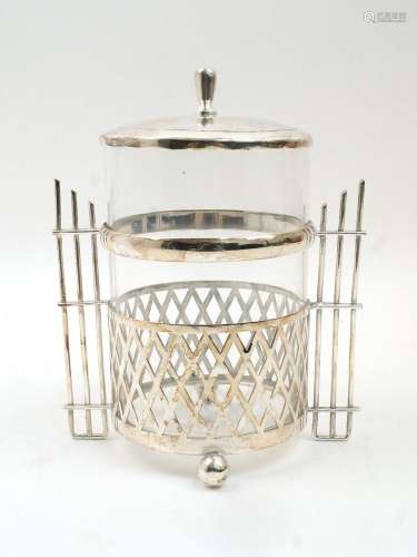 A Secessionist silver plate and glass biscuit barrel, early ...