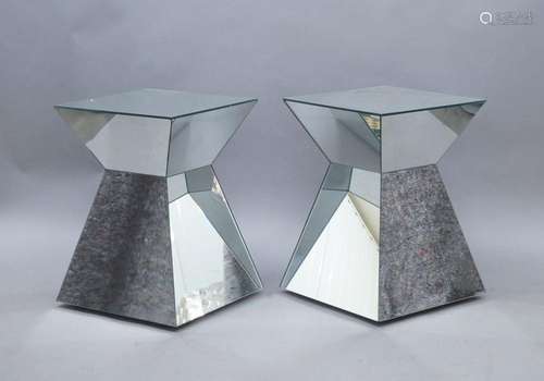 A pair of contemporary mirrored side tables, 57cm high, 40cm...