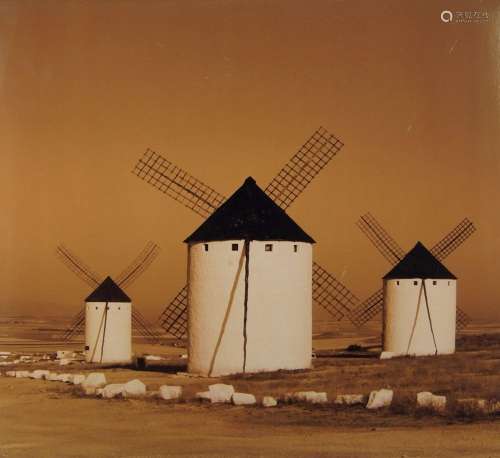 Charlie Waite, British b.1949- Three windmills in a landscap...
