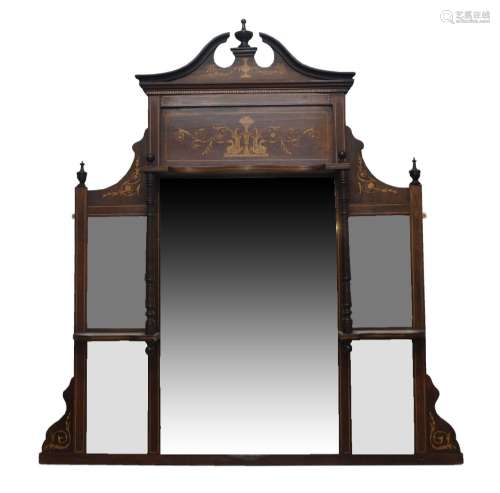 A late Victorian rosewood over mantle mirror, with broken sw...