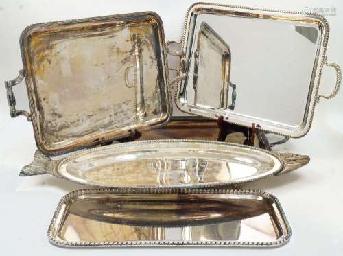 Four silver plated trays and a silver plated fish platter, d...
