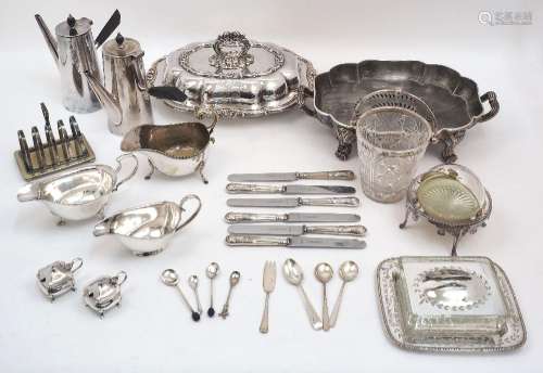 A group of silver plate, including: an entrée dish, with scr...