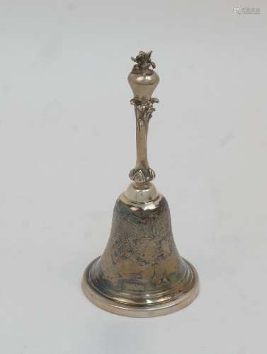 A Syrian white metal table bell, stamped 92 VANESIAN, with f...