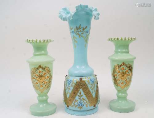 A pair of Continental green opaline glass vases, second half...