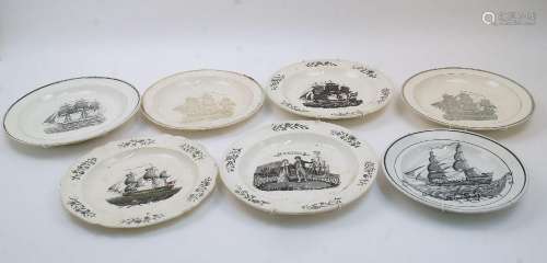 Seven Liverpool Herculaneum transfer printed creamware dishe...