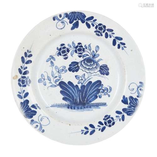 An English delft blue and white plate, probably Liverpool, m...