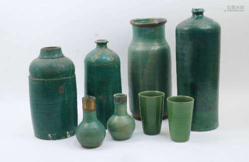 A group of eight green-glazed stoneware vessels, 19th and 20...