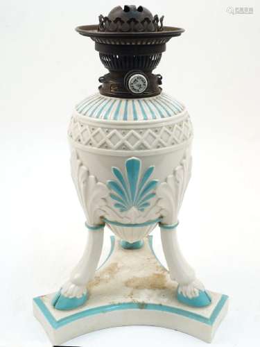 A Belleek turquoise and white glazed porcelain oil lamp, mid...