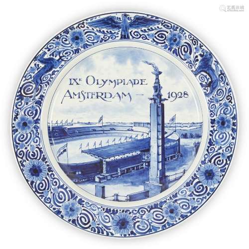 A Delft blue and white commemorative plate for the 1928 Amst...