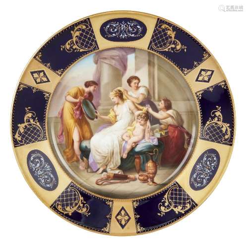 A Vienna-style porcelain cabinet plate, c.1900, blue beehive...