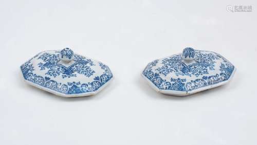 Two blue and white ceramic hexagonal jar lids, 19th century,...
