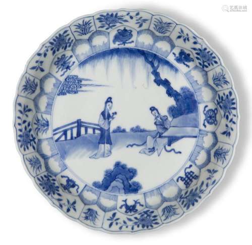 A Chinese porcelain blue and white moulded dish, Qing dynast...