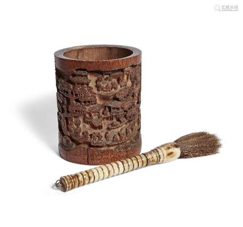 A Chinese carved bamboo brush pot and bone calligraphy brush...