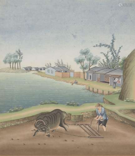 19th century Chinese School, watercolour on paper, farmer po...