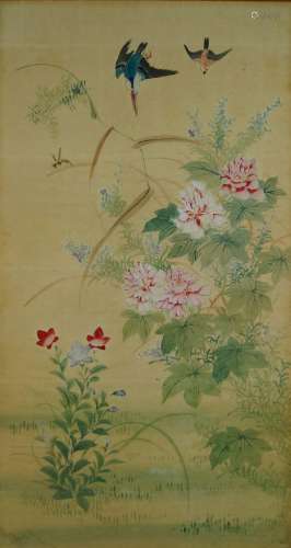 A Chinese painting of birds and flowers, watercolour on pape...