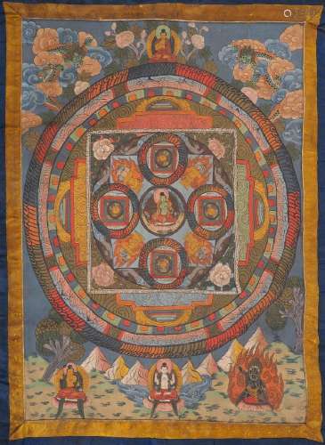 A Tibetan painted tson-tang thangka, 20th century, centred w...
