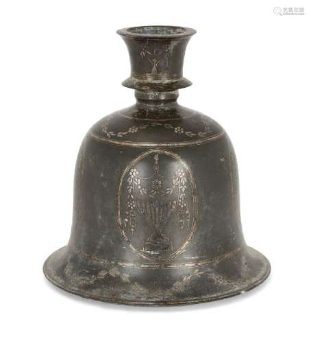 An Indian bidri-ware hookah base, 19th century, bell shaped,...