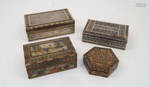 Four Persian Khatam boxes, to include: one with white metal ...
