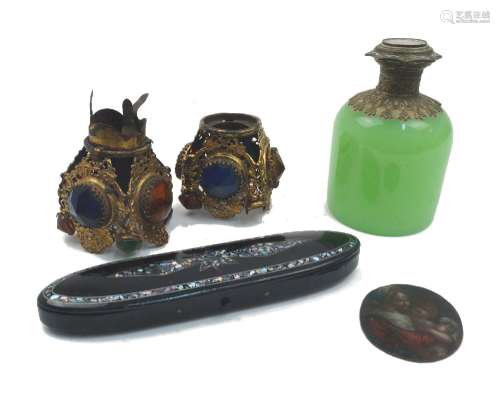 A Victorian papier mache and abalone inlaid oval spectacle c...