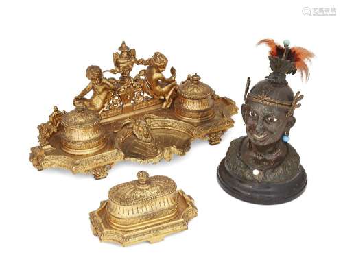 A patinated-bronze inkstand, late 19th century, modelled as ...