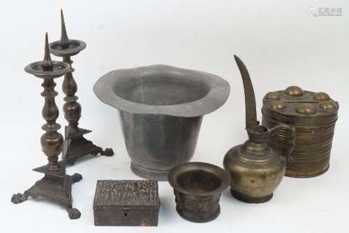 A collection of metalware, to include: a bronze mortar, 17th...