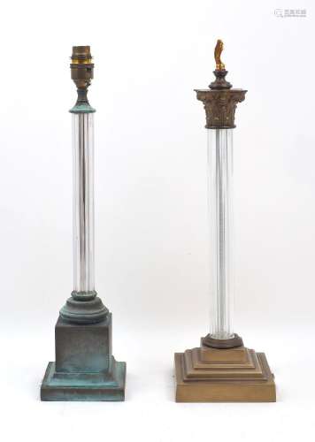 Two brass and glass column table lamps, second half 20th cen...