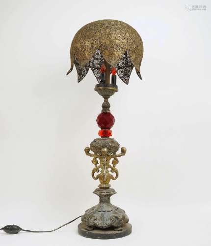 A large table lamp, 20th century, three bulb with domed fili...