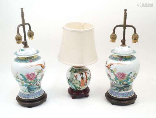A pair of modern Chinese vase table lamps, each with domed c...