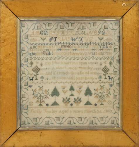 A Victorian needlework pictorial sampler, worked by Emily Fo...