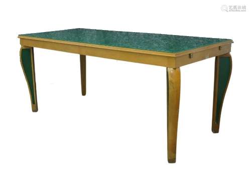 A walnut dining table, late 20th century, with green glass t...
