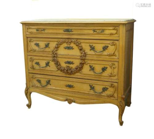 A French beechwood commode, early 20th century, marble top a...