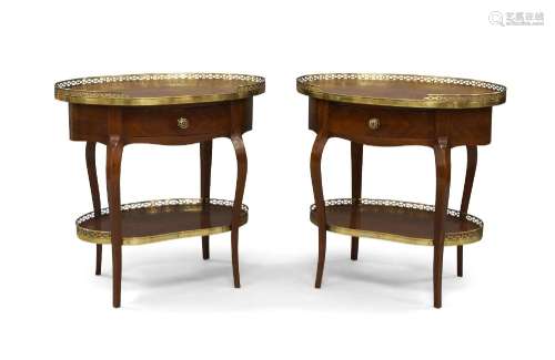 A pair of French style kingwood oval side tables, with brass...